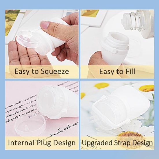 Dailygoods- Reisflessen Set - 8 x Siliconen - Lekvrij - Mini Reisformaat - Vloeistoffen - Inclusief Etiketten - 30ml per Fles - Toilettas van Dailygoods — afbeelding 2