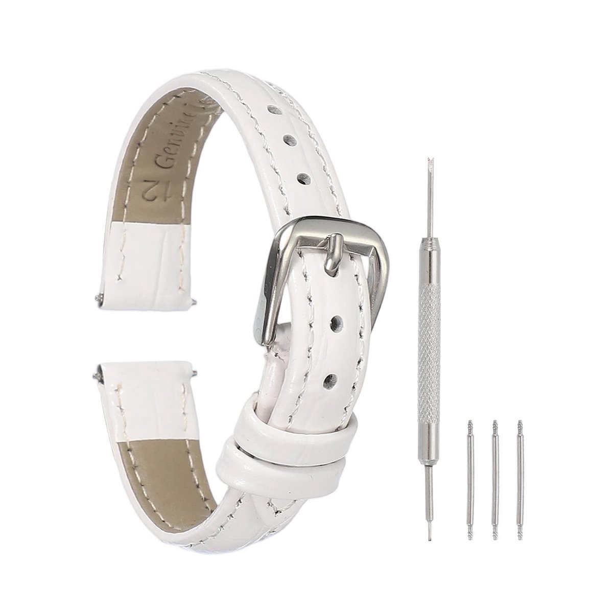Dailygoods - QUARKZMAN Leren montuurarmbanden voor mannen en vrouwen, 12 mm horlogeband met krokodillenpatroon met snelsluiting, platte en slanke reservearmband, elegant, van leer, wit