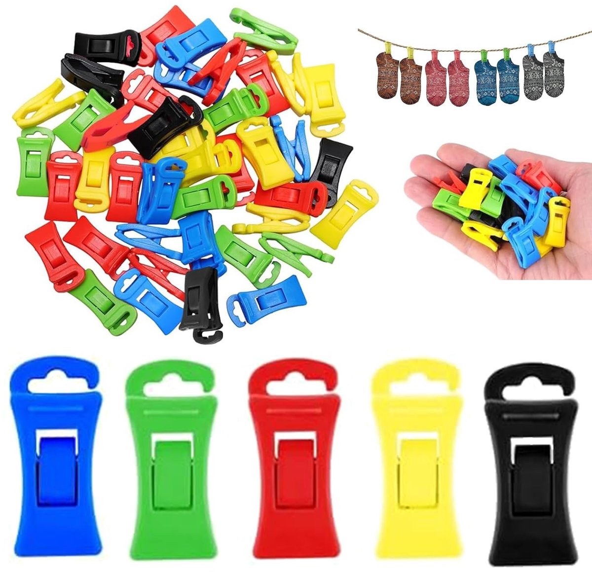 Dailygoods - sokkenklemmen voor wasmachine en droger, 100 stuks sokkenhouderclips, kleurrijke plastic sokklemmen voor organiseren en opbergen, antislip
