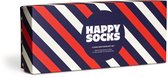 Happy Socks geschenkdoos met rode, witte en marineblauwe diagonale strepen.