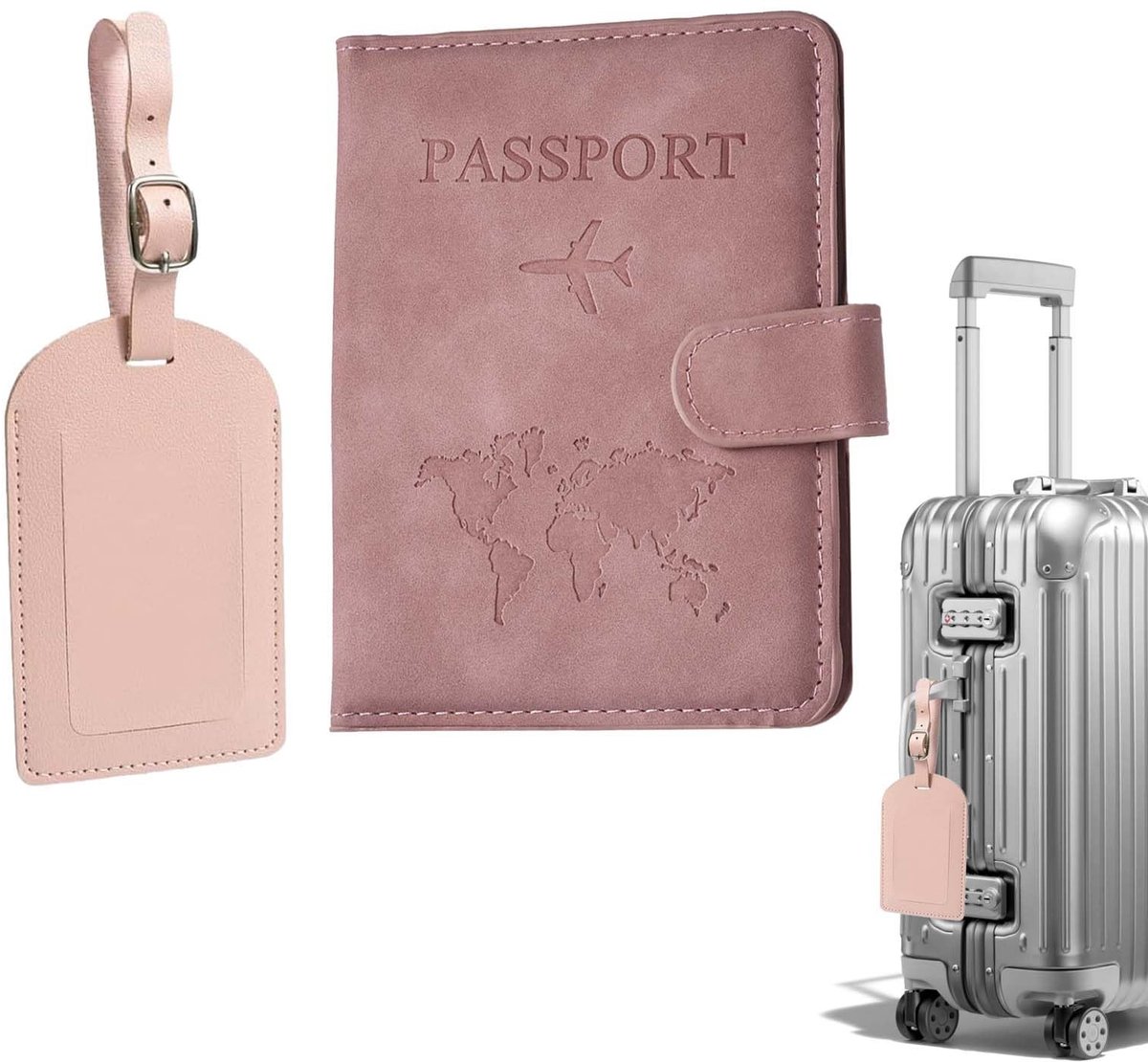 Dailygoods - Paspoorthoes en Bagagelabel Set van 2 – Roze PU Leer – Waterdicht en Slijtvast – Met Kaart voor Persoonsgegevens – Voor Reizen, Vakantie en Zakenreis