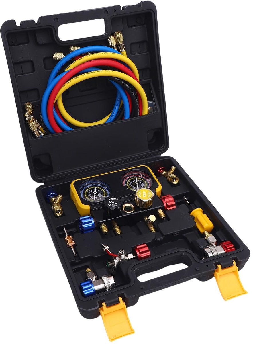Dailygoods- HVAC Verdeelstuk 4-Weg - Kleurgecodeerde Slangen - Vervanging voor R410A/R32/R134A/R22 - Nauwkeurige Metingen - Professioneel en Thuisgebruik - Koelmiddelset