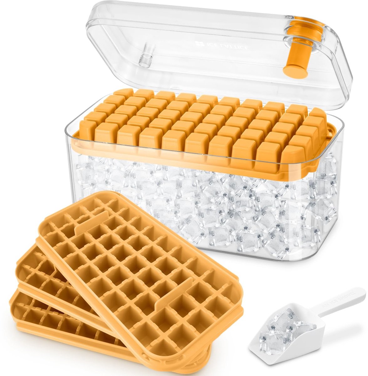 Dailygoods- IJsblokjesvorm met 150 IJsblokjes - IJsblokjeshouder - Inclusief Deksel - Eenvoudige Druk om IJs te Laten Ontsnappen - 3 Niveaus - Inclusief IJsemmer en Schep - Ijsvorm
