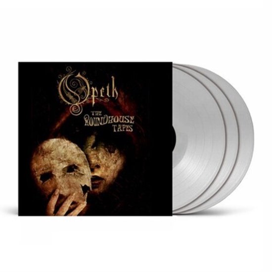 Opeth: The Roundhouse Tapes albumhoes met een masker en drie zilverkleurige vinylplaten.