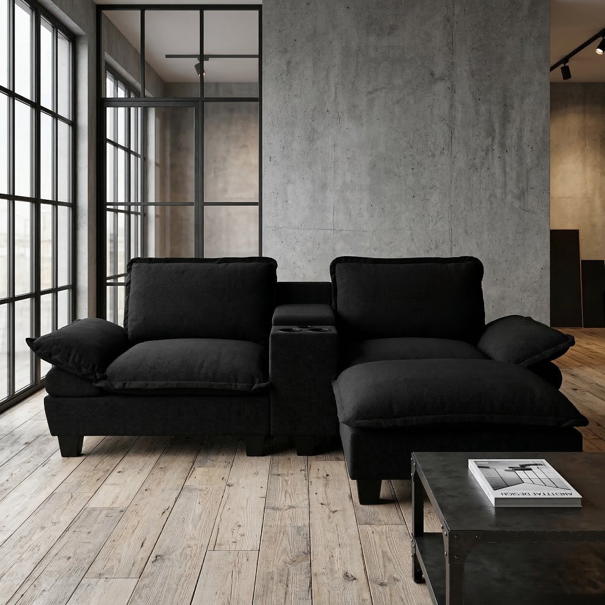 MIVRAY Hoekbank 224 x 151 x 90 cm - Met Usb, Opbergruimte En Bekerhouders - Voor Woonkamer En Appartement - Chenille Zwart