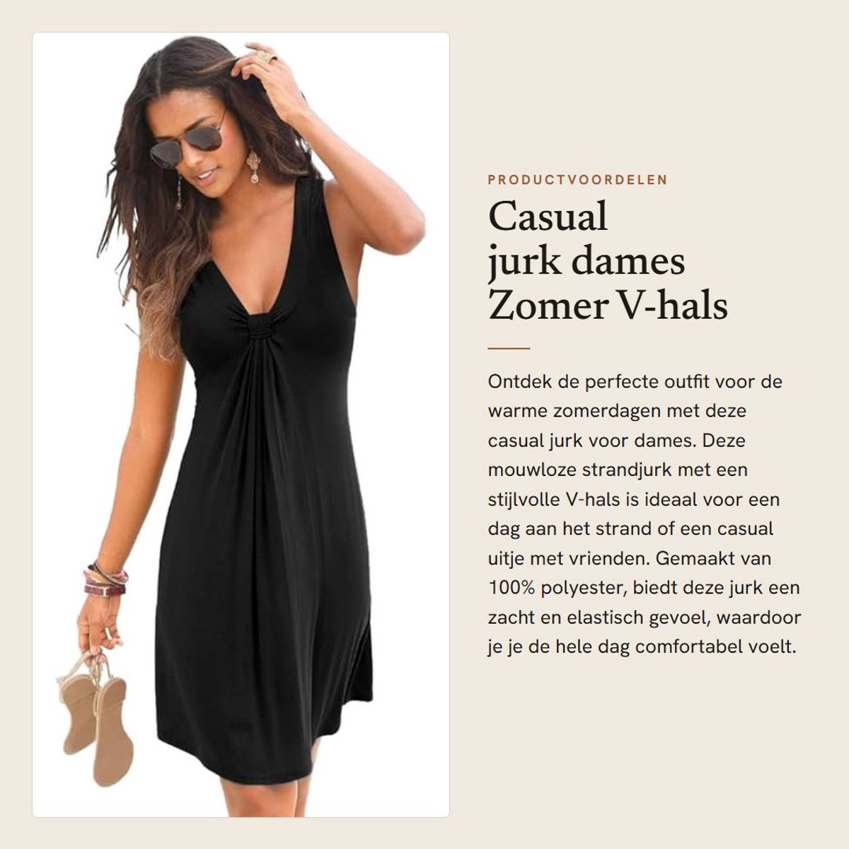 Dailygoods- Zomerjurk V-hals - Mouwloos - Casual Strandjurk - Effen Ruches - 100% Polyester - Zacht en Elastisch Materiaal