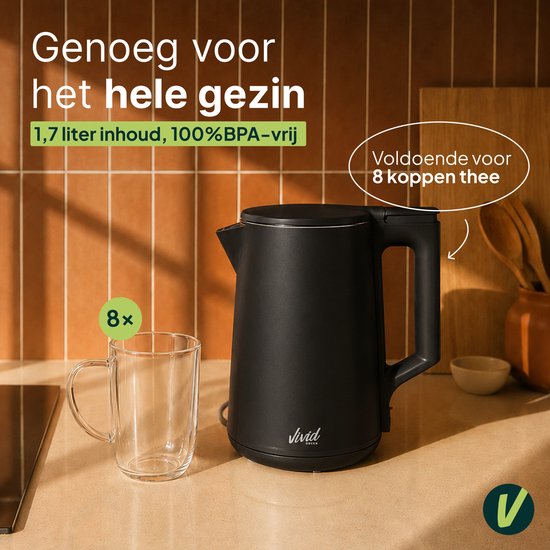 Zwarte waterkoker met een inhoud van 1,7 liter, genoeg voor 8 kopjes thee. BPA-vrij.