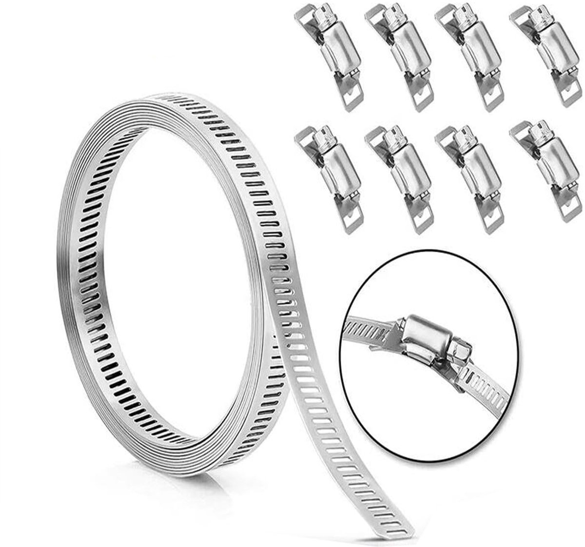 Dailygoods- Slangklemmen Assortiment 12 Voet - RVS - 8 Bevestigingsmiddelen - Verstelbare Wormwielband - Corrosiebestendig - Duurzaam - Bevestigingsband