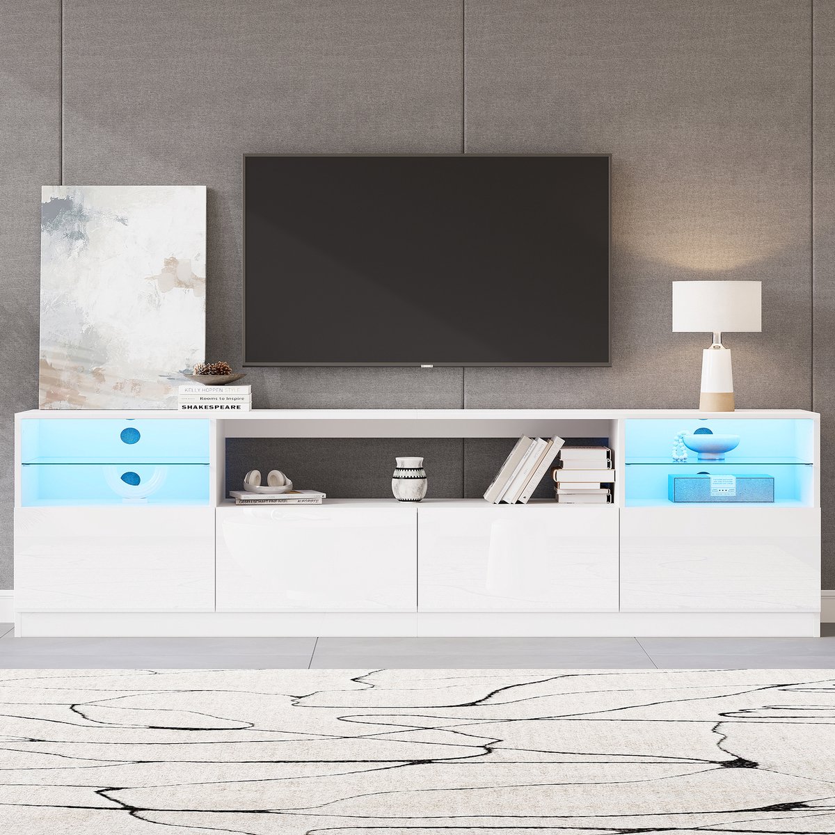MIVRAY Televisiemeubel - Hoogglans Met Ledverlichting En Opbergruimte - Voor Woonkamer En Gamehoek - Spaanplaat Wit - 180x35x60 Cm