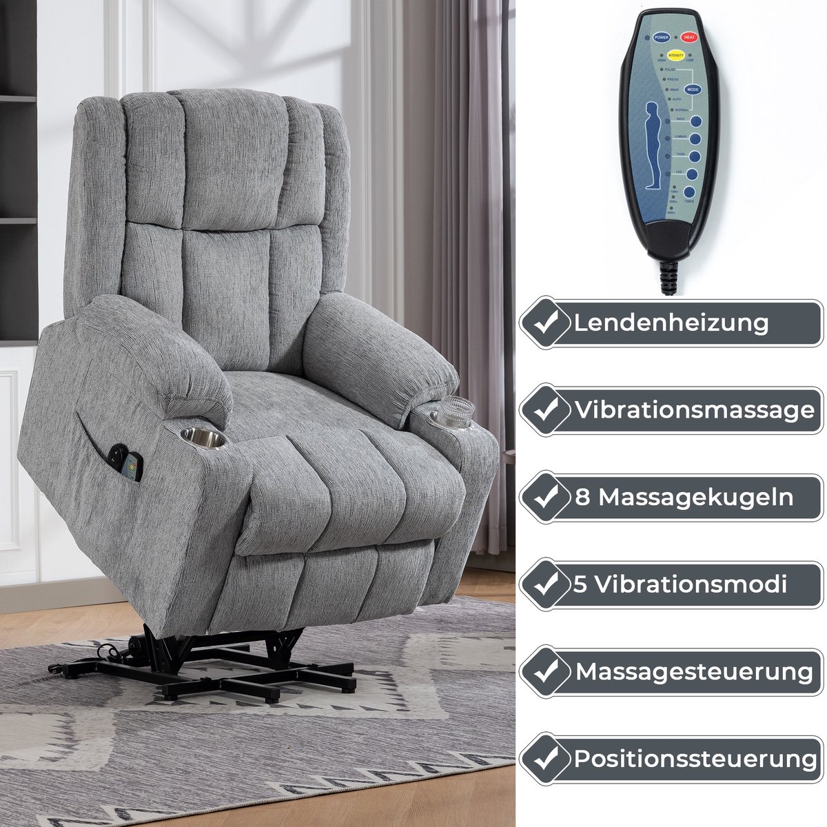 YYchan elektrische relaxstoel met sta-op hulp - massage en warmte - lichtgrijs - 91x84x106 cm