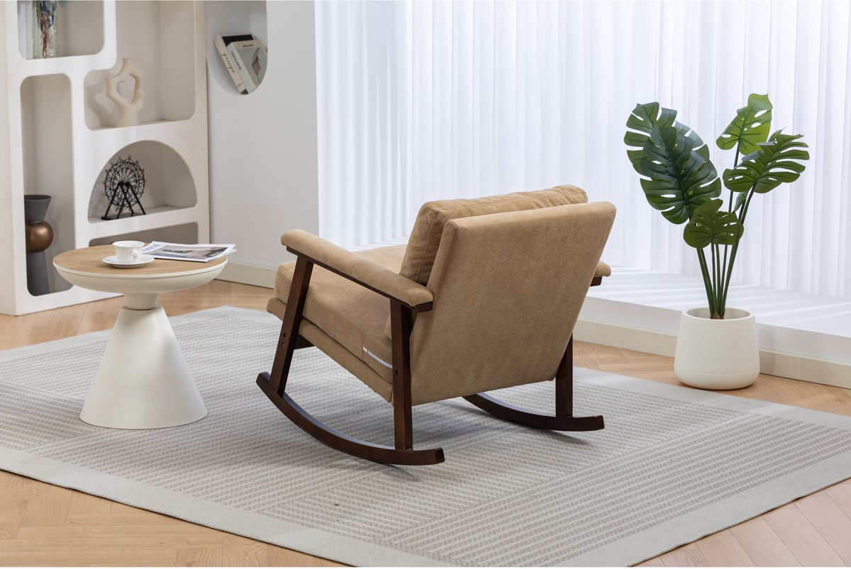 YYchan schommelstoel fauteuil - lichtbruin velvet - houten onderstel - 83x73x80 cm