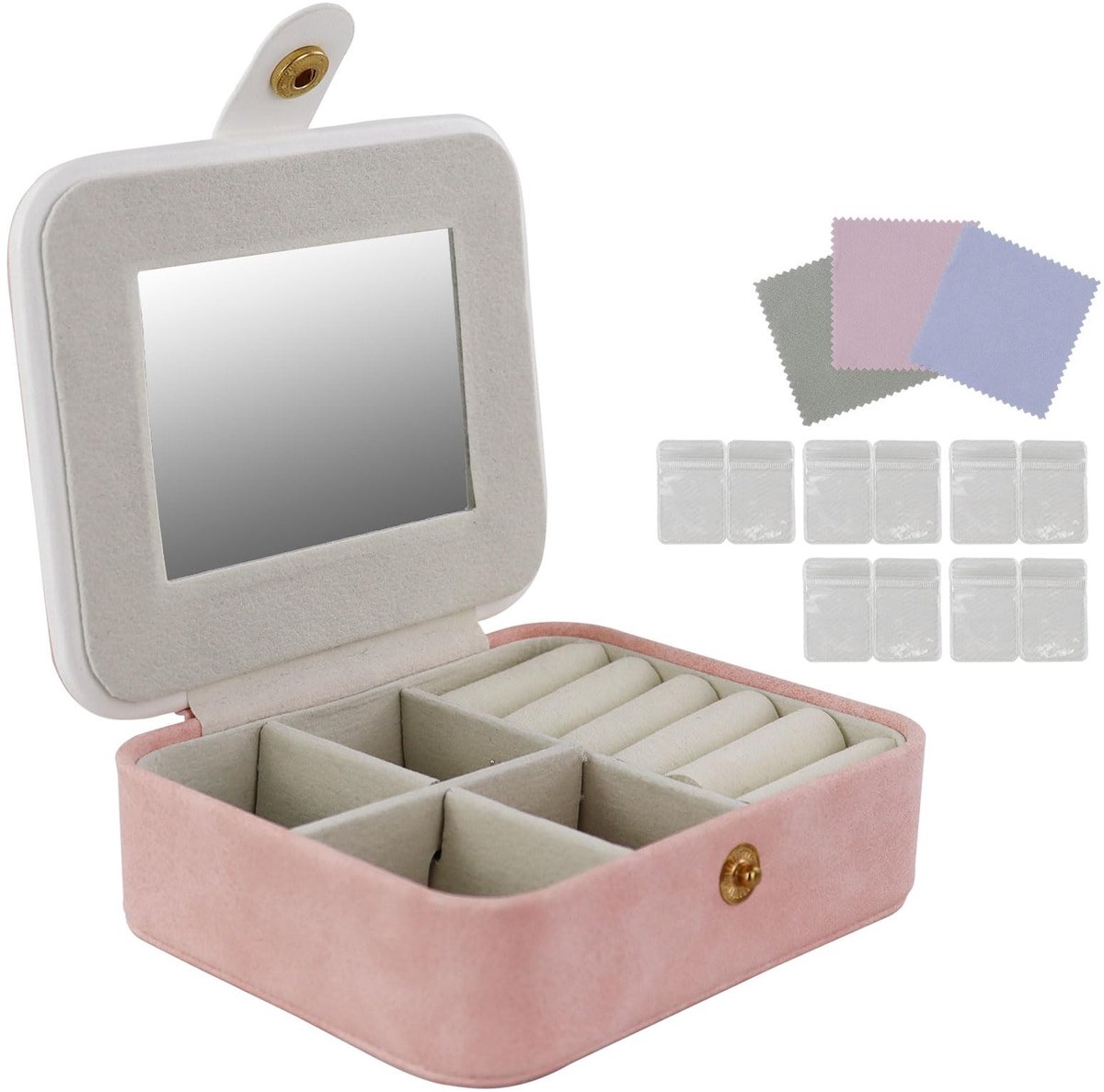 Dailygoods - Andiker Kleine sieradenkistje met 10 zakjes, PU juwelendoos met ingebouwde spiegel en 4 afneembare roosters en 5 kleine ringhouders, sieradenorganizer voor halskettingen, oorbellen (roze)