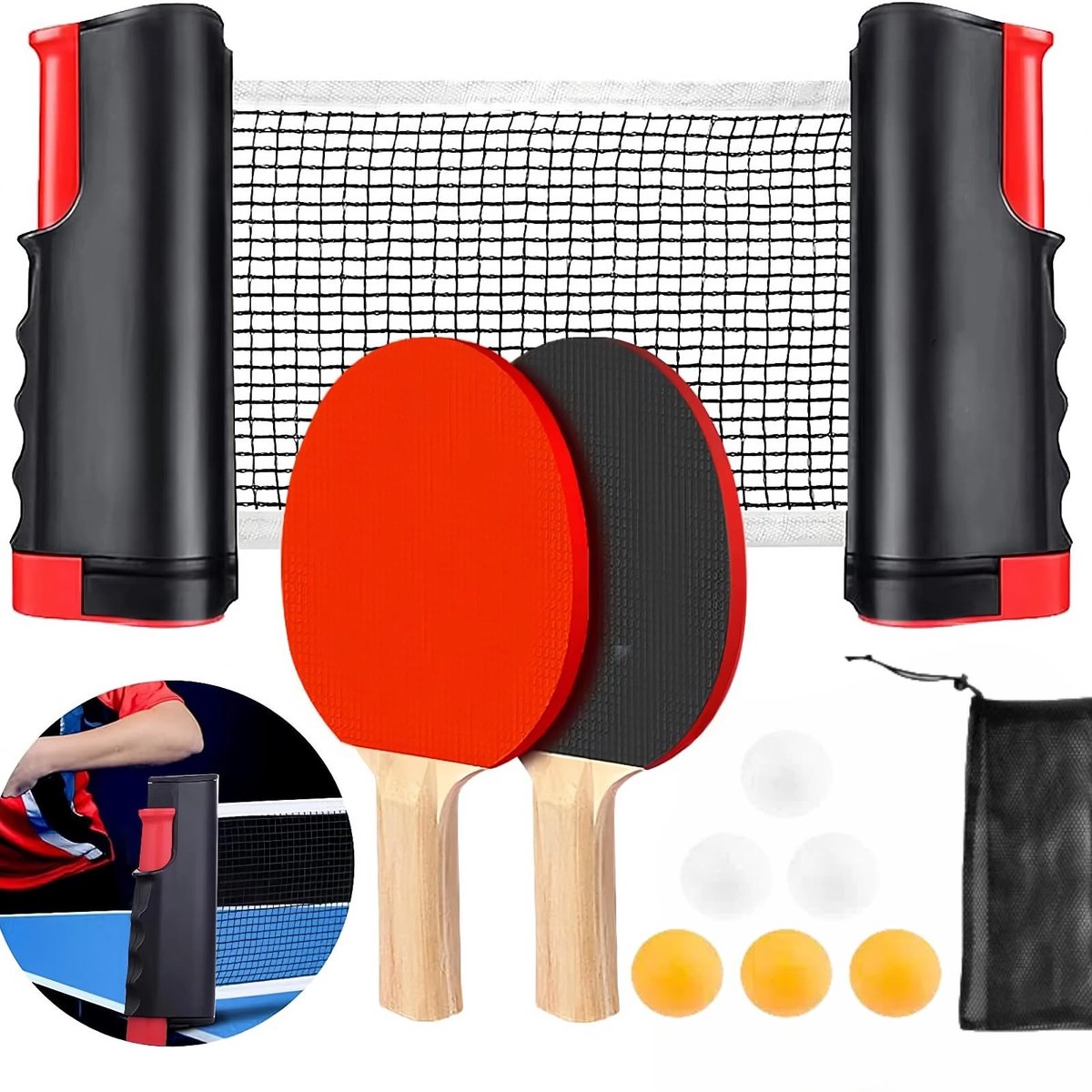 Tafeltennisbatjesset met telescoopfunctie - 2 Batjes - 3 Ballen - Intrekbaar Net - Draagtas - Ideaal voor binnen/buiten - Tafeltennisset