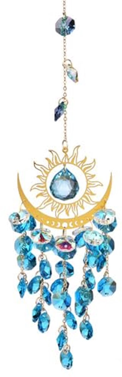 Windspinner - Windgong buiten - Kristallen Suncatcher Zon & Maan 38 cm - Blauw - Hangende Regenboogmaker met Prisma Kristallen voor Raam, Balkon en Tuin