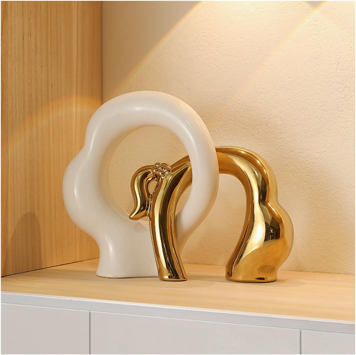 Abstracte sculptuur - Keramiek beeldje - Woonkamer decoratie - Handgemaakt ontwerp - H20cm - Goud