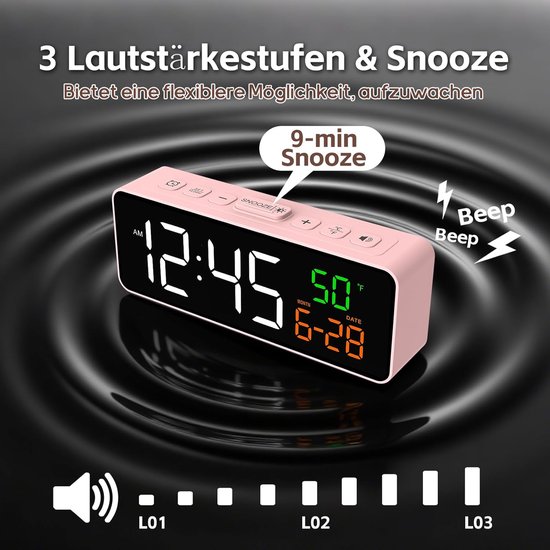 Digitale Wekker - Nachttafelwekker - Wakker Worden - Temperatuur Datum - 15 cm - Roze — afbeelding 4