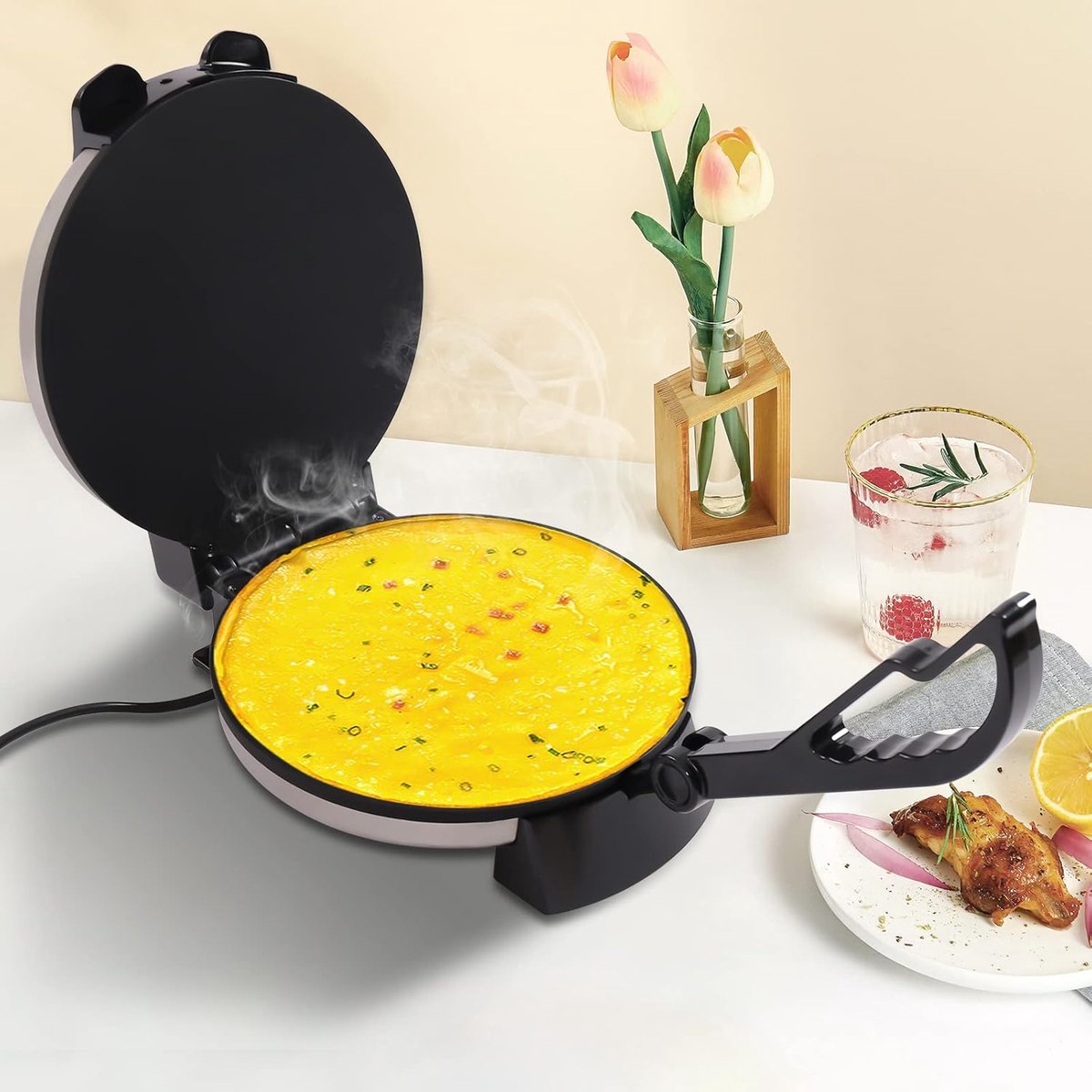 Elektrische Roti Maker - Tortilla Pers Chapati - Snelle Maaltijden Maken - Dubbelzijdige Verwarming - 32 cm Diameter - Zwart Zilver