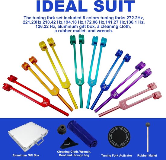 Stemvork Set - Chakra Stemvorken - Meditatie en Yoga - 8 Kleur Gecodeerd - 12 Delig - Gekleurd — afbeelding 5