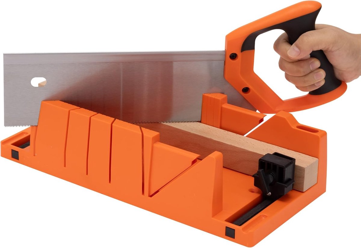Verstekbak met zaag - Houtbewerking hoek - Plinten zagen - 3 precieze hoeken - 368 x 165 cm - Oranje