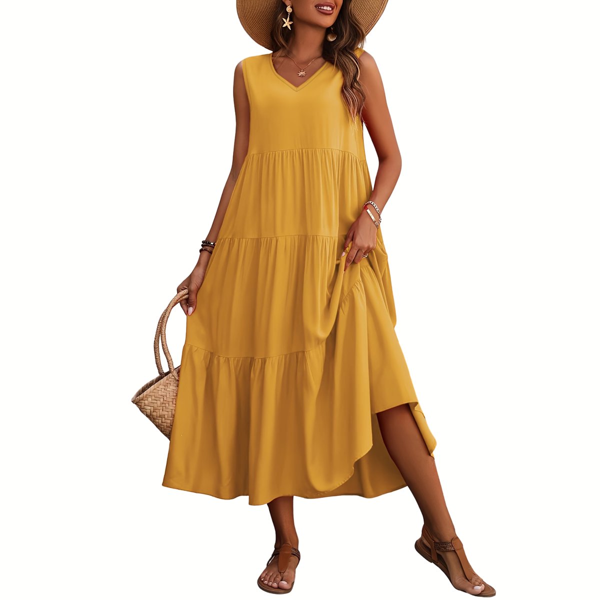 Currero Zomerjurk Dames Zomerjurken Volwassenen Vrouwen Midi Jurk Ibiza Stijl Sundress Dress Kurkuma