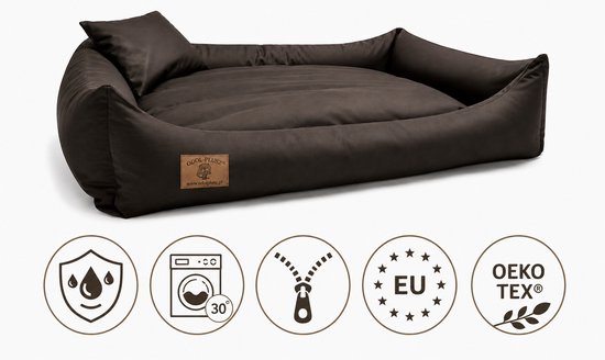 Bruine hondenmand met diverse pictogrammen: waterdruppel, wasmachine, rits, EU-sterren en Oeko-Tex.
