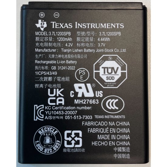 Zwarte Texas Instruments 3.7V 1200mAh oplaadbare Li-ion batterij met model 3.7L1200SPB.