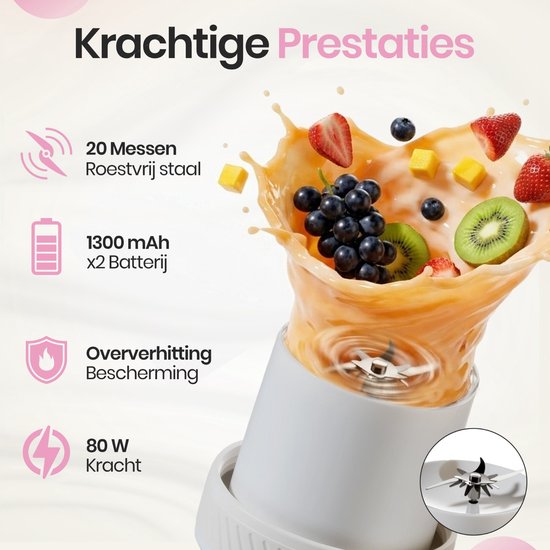 Home Vibes® Blender Smoothie - Draagbare Blender To Go - 500ML Mini Blender - 80W - Smoothie Maker - 2 Opzetstukken - Met Rietje - Ivoor Wit van home — afbeelding 2
