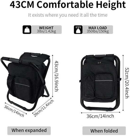 Stervia 3 in 1 Koelrugzak - Koelrugtas - Uitklapbare Stoel - Koeltas - Kampeerstoel - Visstoel - Draagvermogen 150 KG - Zwart - 36 x 29 x 43 cm van Stervia — afbeelding 2