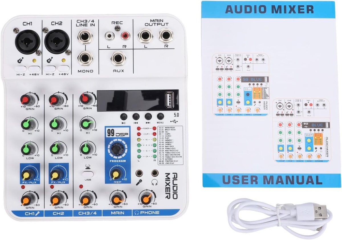 Audiomixer 4-kanaals - Geluidsmixer - Live Streaming - DSP Reverb Effecten - 18.1 x 16.7 x 5 cm - Wit