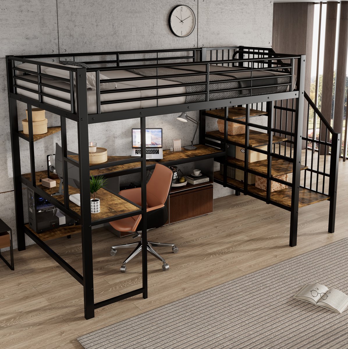 MEUNIQ hoogslaper 120x200 cm met bureau, opbergruimte, trap en uitvalbeveiliging, met laadanschluiting, metaal en MDF, zwart en donker walnoot Zwart + donkere walnoot