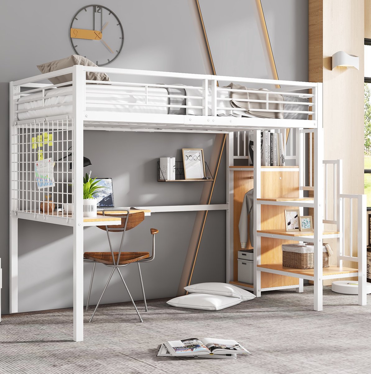 MEUNIQ Hoogslaper 90x200 cm met bureau, kledingkast en trap, metalen bedframe met spaanplaat, voor kinderkamer, wit/naturel White+Natural
