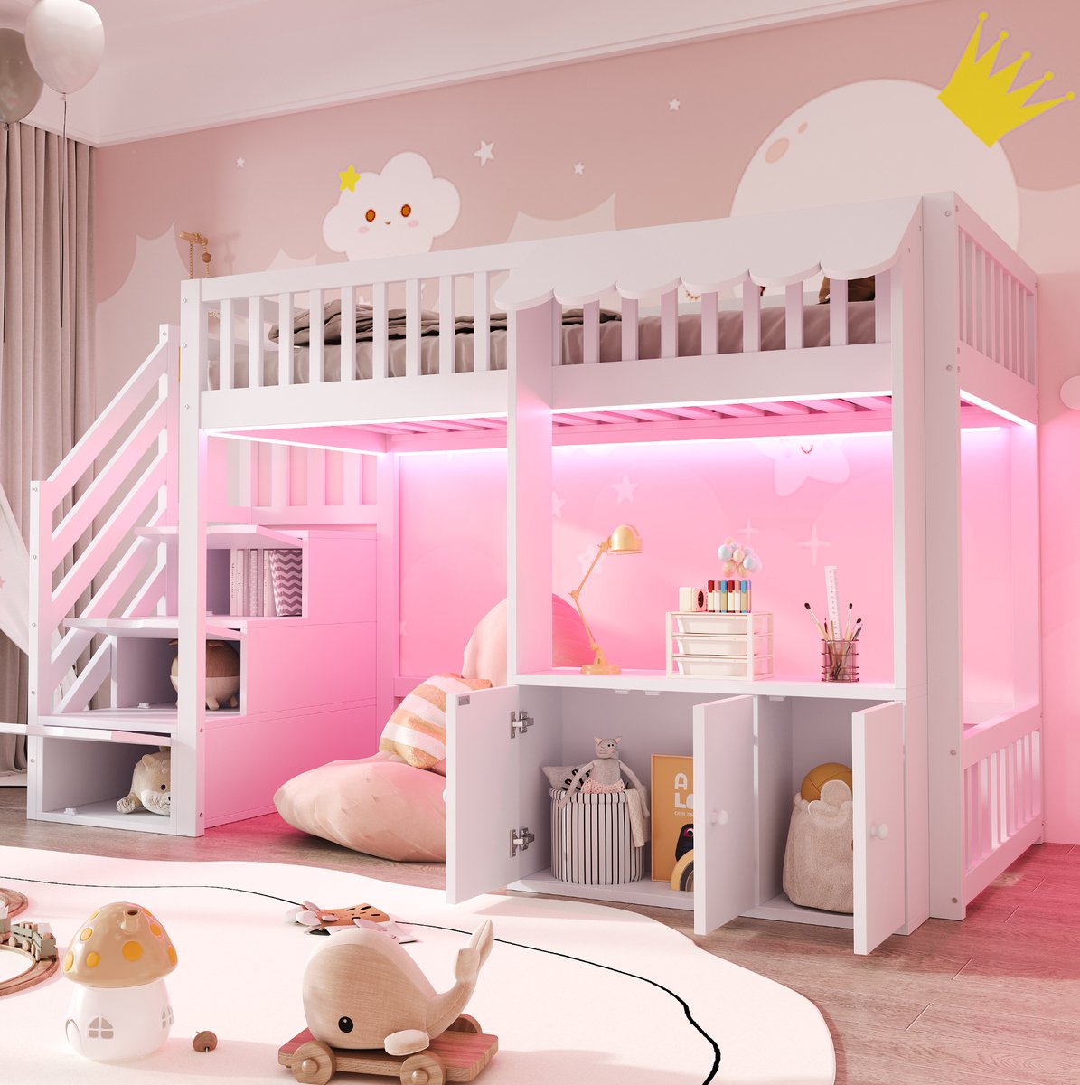 MEUNIQ hoogslaper 90x200 cm met trap met opbergruimte, opbergkast, lattenbodem en ledverlichting voor kinderkamer, wit White