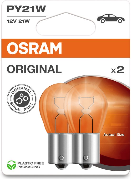 OSRAM Original PY21W 12V 21W autolampen, verpakt per 2 in oranje glas.