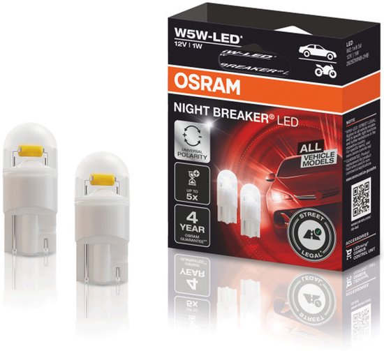 OSRAM Night Breaker LED verpakking met twee W5W LED-lampen met gele capsules.