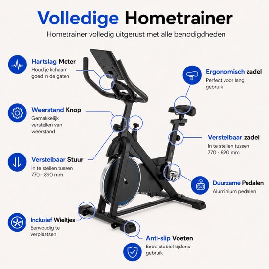 Zwarte hometrainer met diverse onderdelen aangeduid: hartslagmeter, weerstandsknop, verstelbaar stuur, zadel en pedalen.