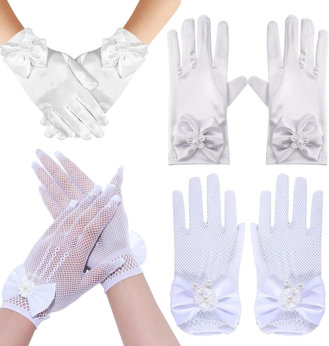 Elegante korte dameshandschoenen van satijn met kant en strik, ideaal voor bruiloften, gala's en speciale gelegenheden