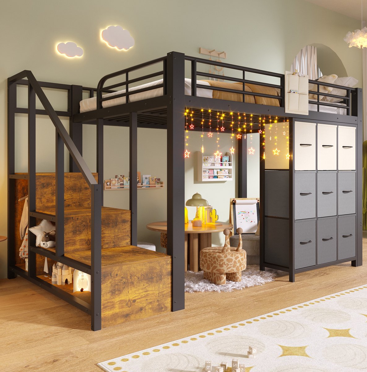 MEUNIQ Hoogslaper 140x200 cm met trap en opbergruimte, lades, kledingstang en uitvalbeveiliging, metalen bedframe met MDF voor slaapkamer of kinderkamer, zwart/wit