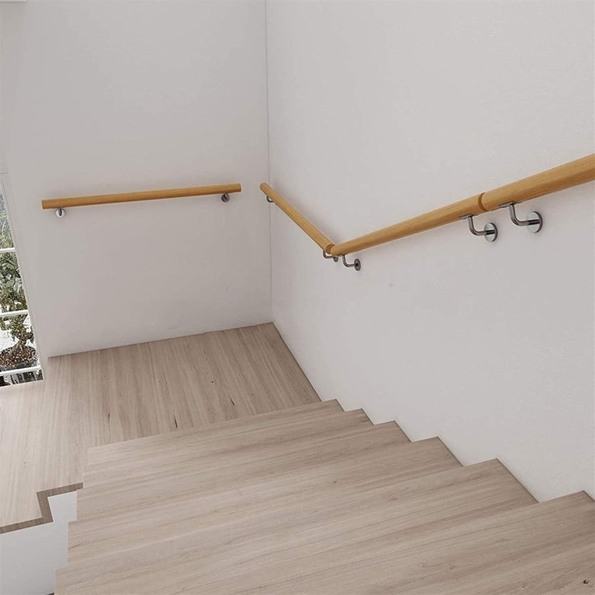Trapleuning Set - Wandmontage Leuning - Veilig Traplopen - Gemaakt van Grenenhout - 80 cm - Houtkleur
