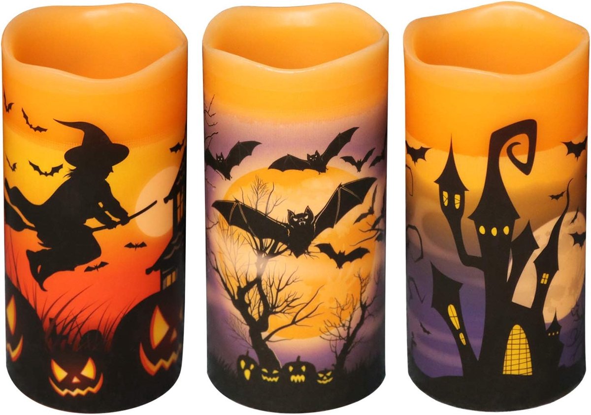 Halloween Kaarsen - Decoratieve Vlamloze - Sfeervolle Versiering - Met Tijdschakelaar - Set van 3 - Zwart