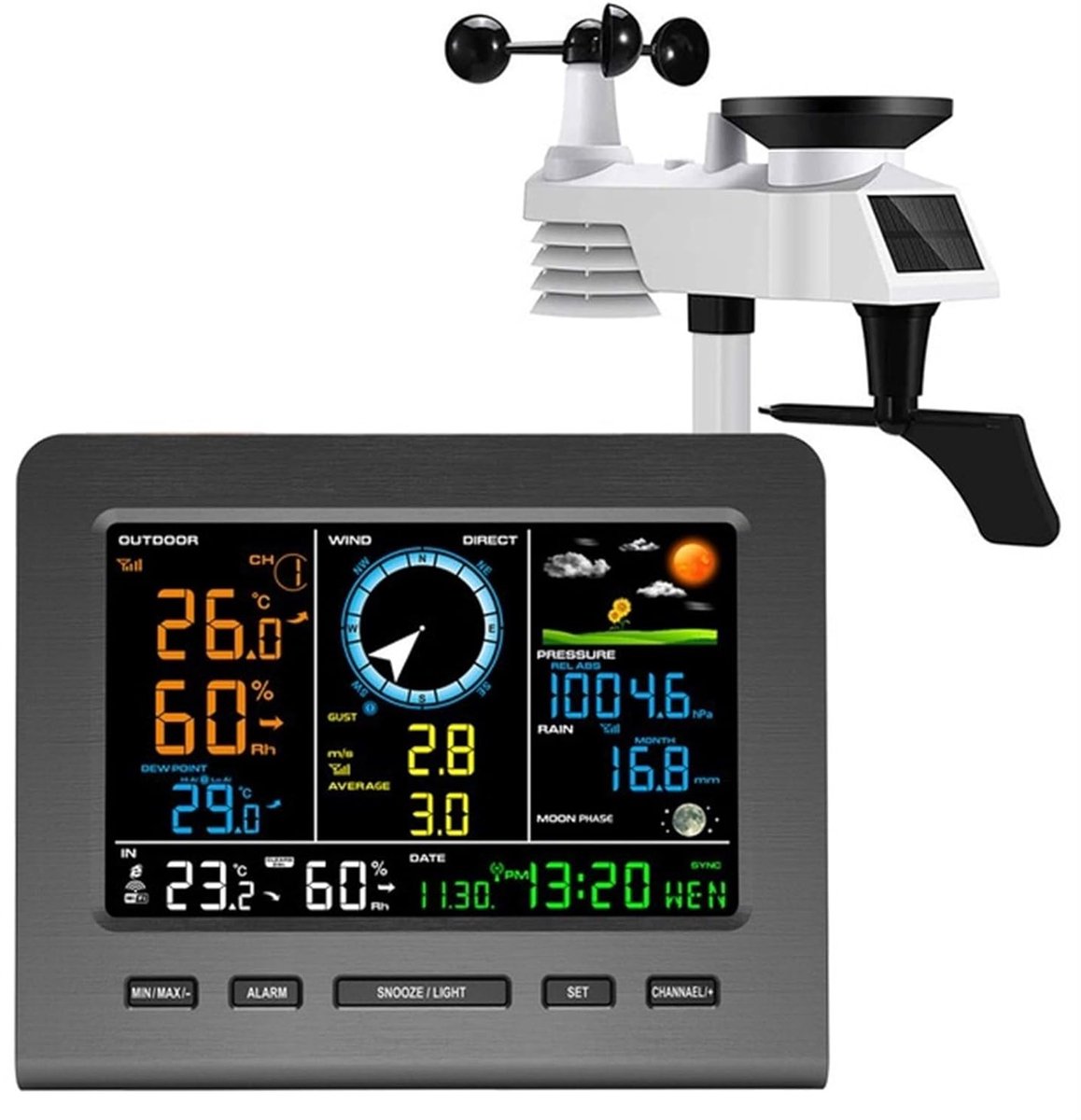 Draadloos weerstation - Buiten sensor - Weersvoorspelling thuis - 8-in-1 metingen - Kleur display - Wit