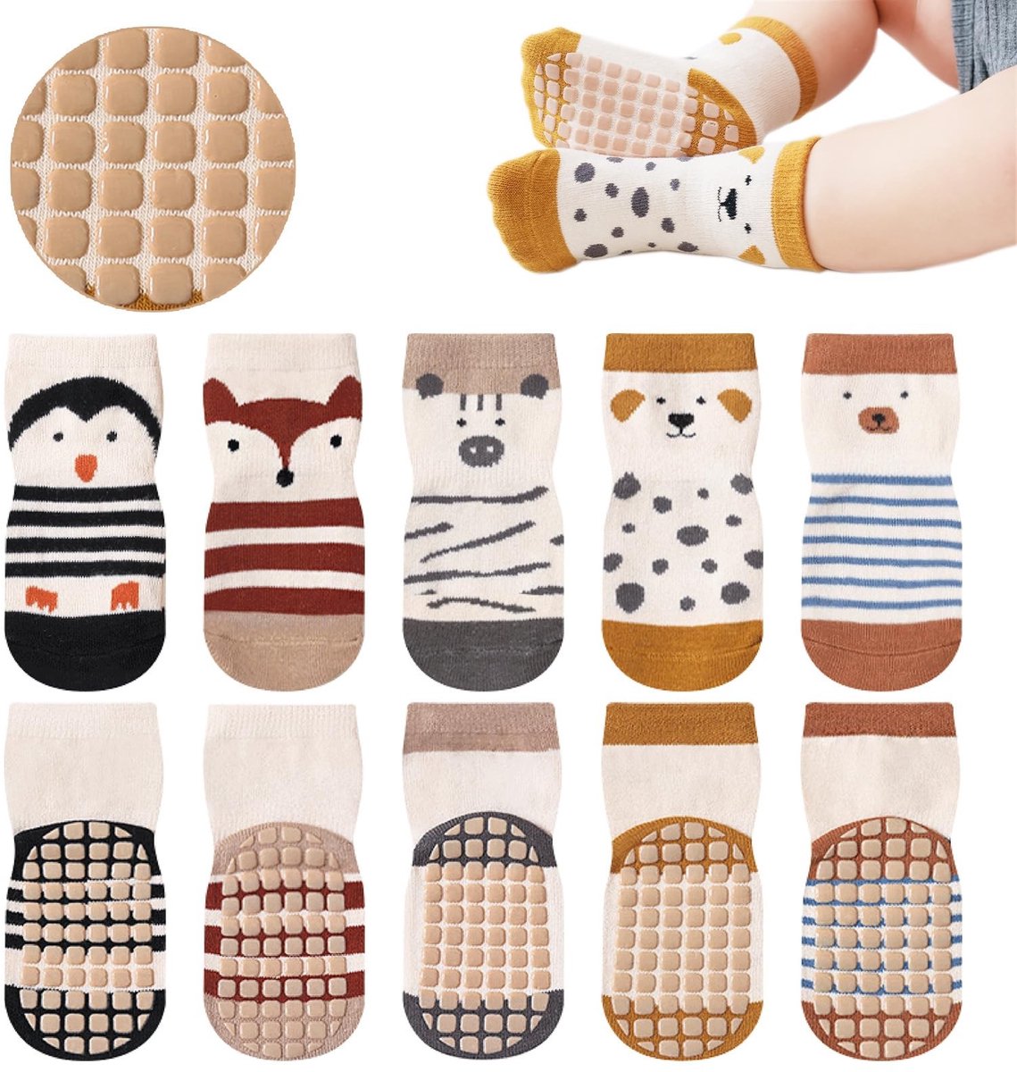 Dailygoods- Antislip Sokken Baby - 5 Paar - Comfortabele Gripsokken - Huidvriendelijk Katoen - Maat S/M/L - Schattige Cartoon Patroon - Babysokken