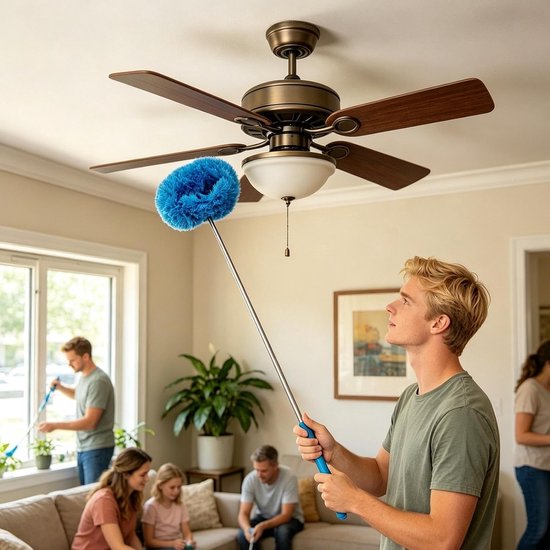 Plafondstofdoek - Lange borstel - Hoog stofvrij maken - Verstelbare steel - Tot 115 cm - Blauw — afbeelding 3