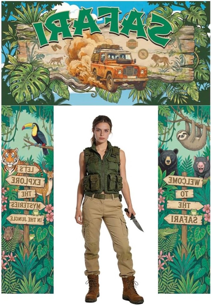 Safari Dieren Feestfoto Banner voor Jungle Verjaardagsfeestdecoraties, 22 x 15 cm, Avontuurlijke Veranda Achtergrond voor Dierentuin Thema en Feestopknoping