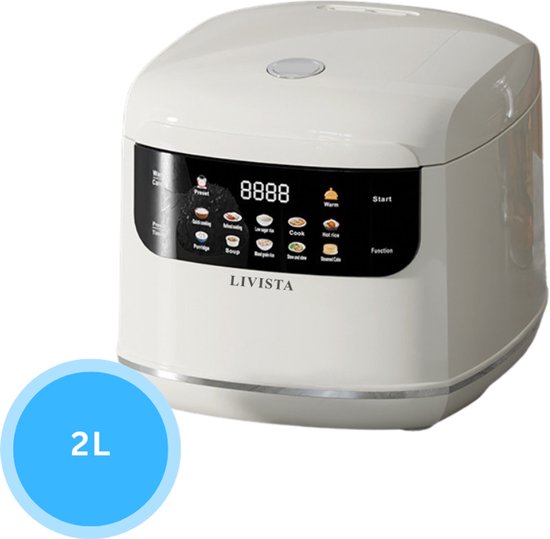 Witte Livista rijstkoker, 2L, met touchscreen bedieningspaneel.