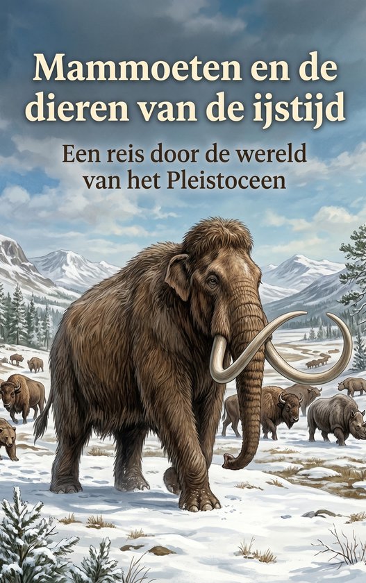 Titel: Mammoeten en de dieren van de ijstijd. Een mammoet met andere ijstijd-dieren op een besneeuwde vlakte met bergen op de achtergrond.