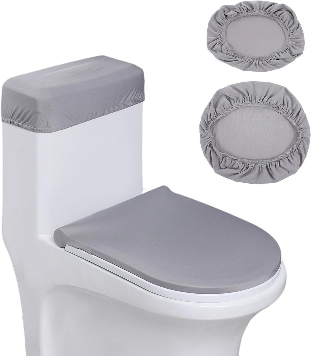 Elastische toilethoezen en tankhoezen in donkergrijs, perfect voor toiletbril en tankdeksel, waterafstotend en makkelijk te reinigen