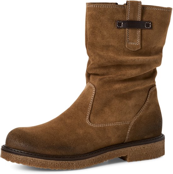 Bruine suède Tamaris laars met gesp detail en rits. 