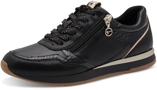 Zwarte Tamaris sneaker met ritssluiting, gouden details en een crocoprint.