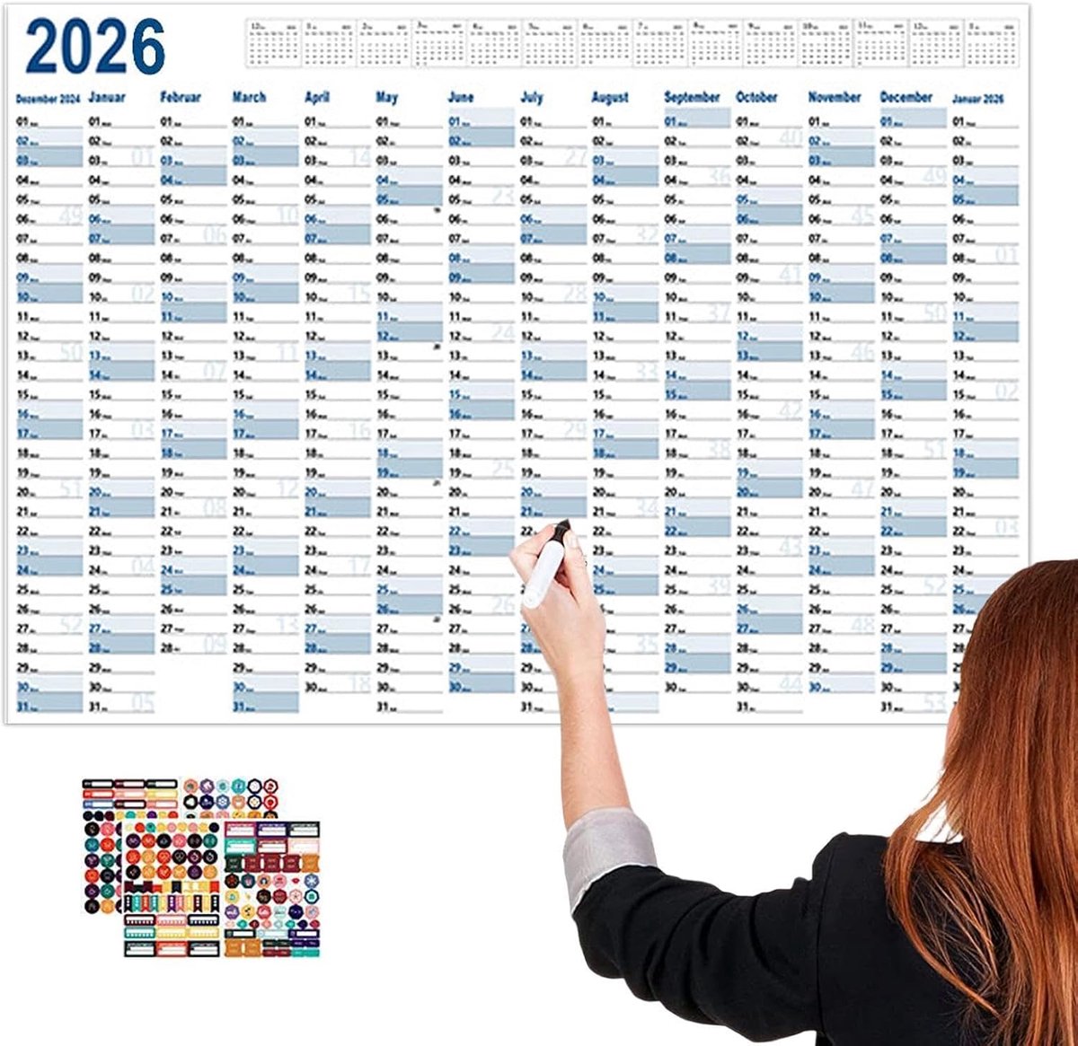 Posterkalender 365 dagen - Jaarkalender Planningsbord - Planning Bijhouden - Gedurfde Visuele Structuur - 74 x 52 cm - Wit