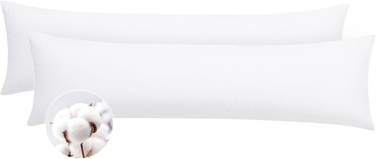 Famanu Set van 2 kussenslopen voor zijslaapkussens van 40 x 145 cm, katoen, met rits, witte kussenslopen